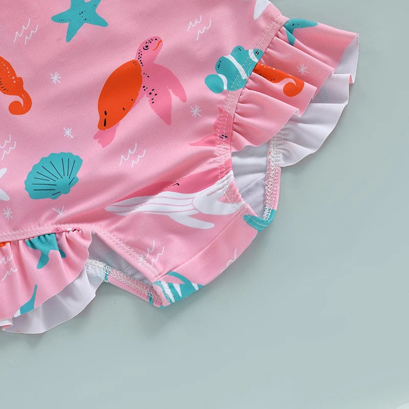 Children Baby Girl Rash Guard Long Sleeve Swimwear with Sun Hat Bathing Suit Infant Swimsuit Newborn 2 Piece Beachwear