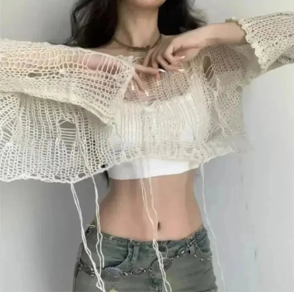 Y2k Cropped Hole Sweater Sexy Gyaru Hollow Out Knit Pullovers Goth Korean Long Sleeve Jumper Summer Fashion Sheer Knitwears Tops