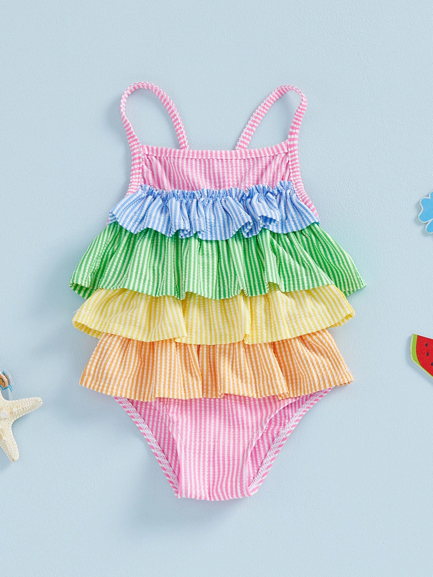 Little Girls Summer Cami Romper Swimsuit Sleeveless Tiered Striped/Plaid Swimwear