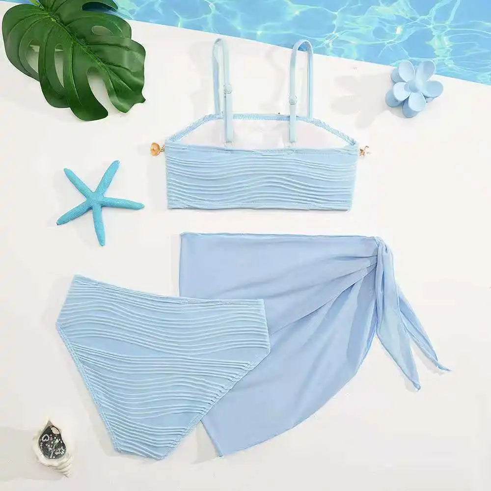 2026 Strappy Girls Swimsuit 3 Pieces Bikini & Skirt Bandeau Kids Swimwear Female Children's Bathers Bathing Swimming Swim Suit