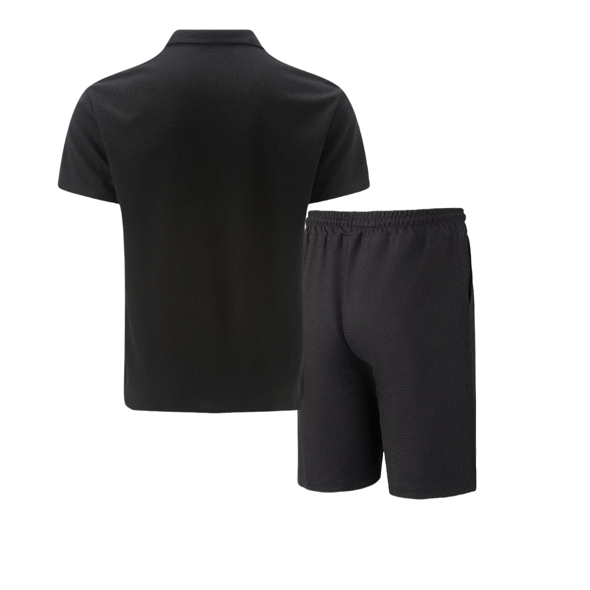 Men Europe and the United States New Summer Waffle Solid Color Zip-Up Lapel Short-Sleeve Suit Shorts Two Sets