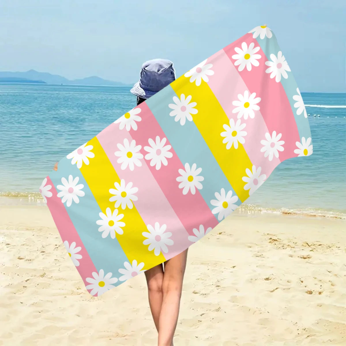 1pc Bohemian Large Beach Towel, Striped Flower Love Printed Bath Towel, Outdoor Swimming, Vacation, Camping Beach Towel