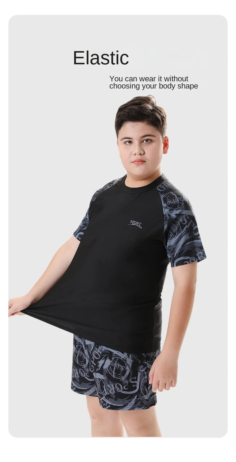 Children's Swimwear with Cap, Split Body, Short Sleeve, Two Piece Swimsuit for Men, Teenagers, Boys, New, Hot Spring Set, 2024
