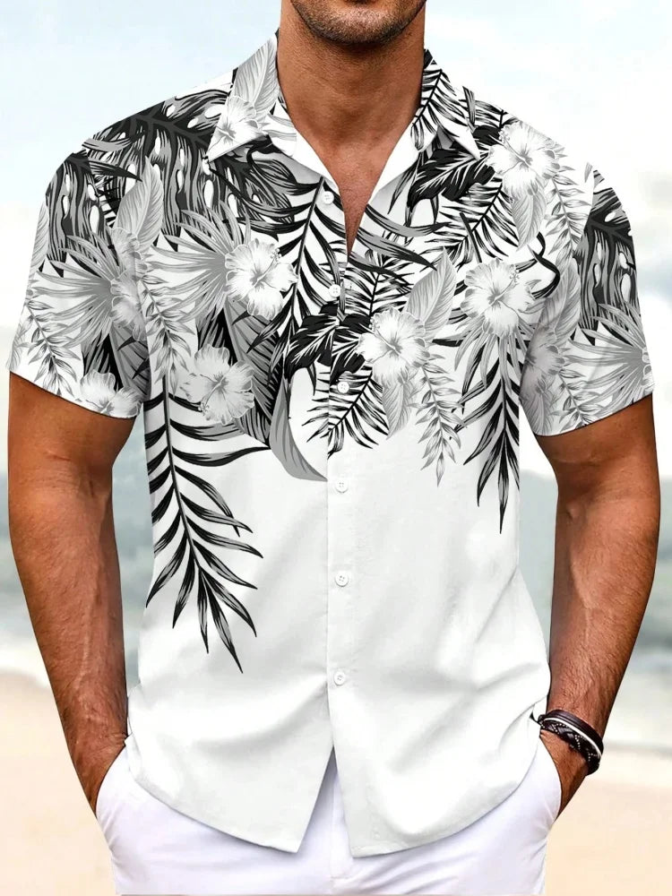 Summer Men's Lapel Shirt Tropical Simple Floral Print Hawaiian Style Street Trend Casual Single-breasted Short-sleeved Shirt