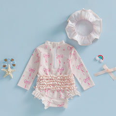 Toddler Baby Girl Rash Guard Swimsuit Bow Print Ruffled Long Sleeve Round Neck Beachwear Jumpsuit and Hat Swimwear 2Pcs Set
