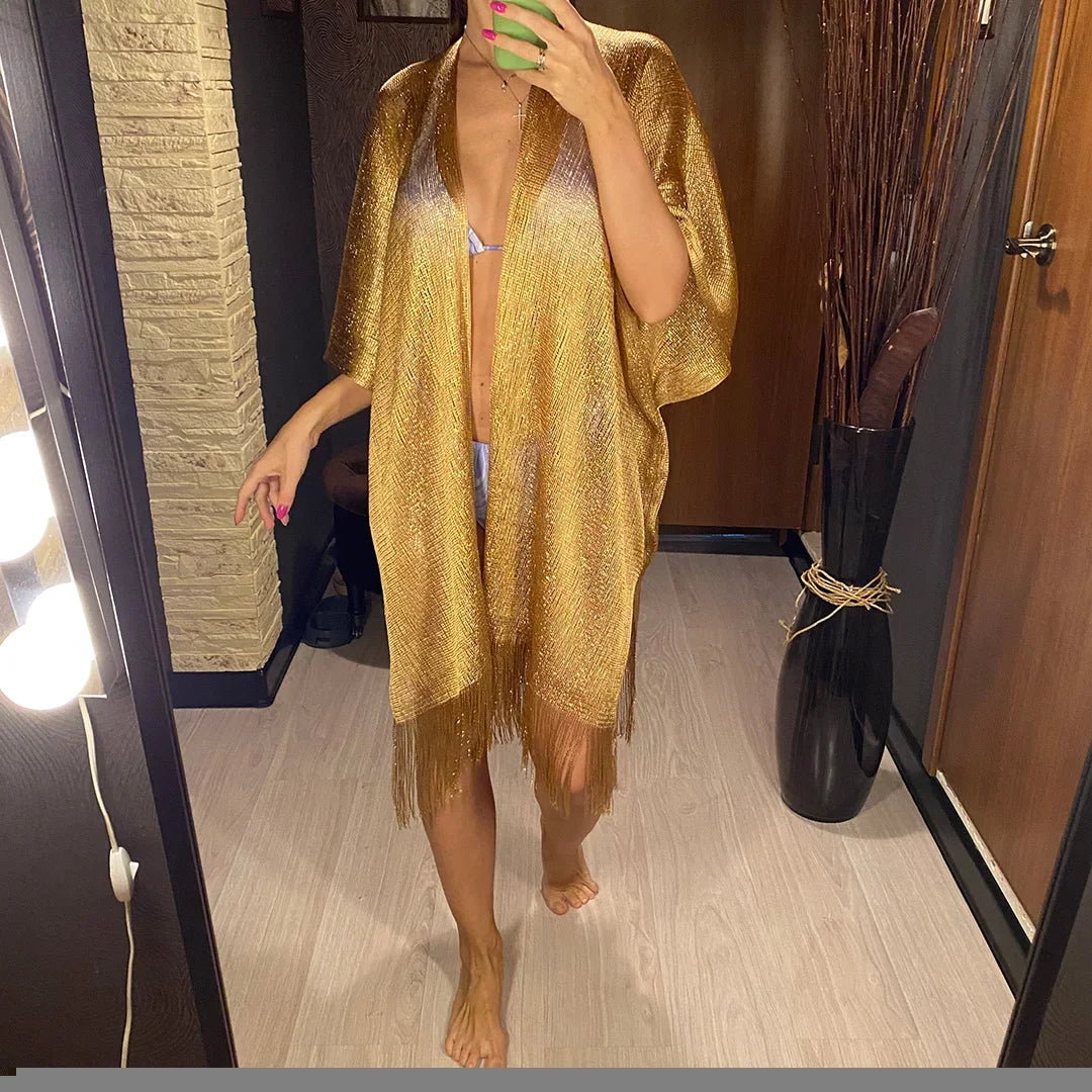 Sexy Fringe Tassel Sheer Knitted Beach Cover Up Dress Shiny Mesh Tunic for Women Swimwear Mesh Cover Lightweight Beach Dress