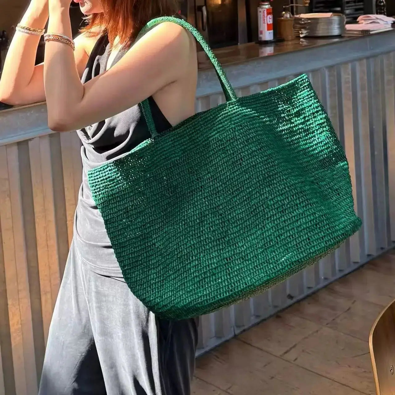 Large Handwoven Rattan Tote Bag for Women Natural Straw Beach Bag Purse Luxury Shoulder Bags Handbag Summer