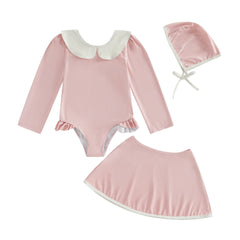 1-6T 3Pcs Little Girls Swimsuit Set Doll Collar Long Sleeve Contrast Color Rash Guard Swimwear Skirt and Hat