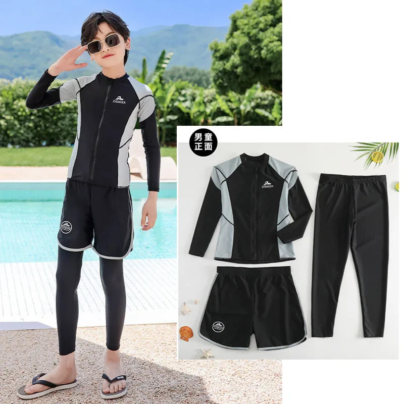 Girls Swimsuit Girls Long Sleeve Rash Guard 3-Pieces Bathing Suit 100cm-160cm Height Athletic Sweatsuit Activewear Tracksuit