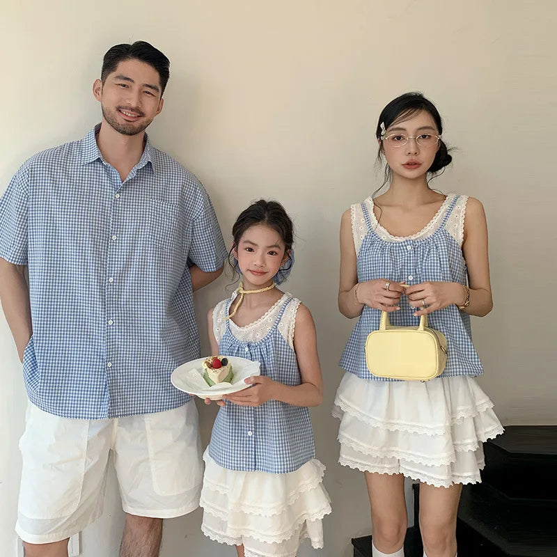 Beachwear Family Look Outfits Blue Plaid Shirt Lace Decor Camis White Shorts Skirt Parent-child Matching Clothes Soft Streetwear