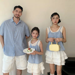 Beachwear Family Look Outfits Blue Plaid Shirt Lace Decor Camis White Shorts Skirt Parent-child Matching Clothes Soft Streetwear