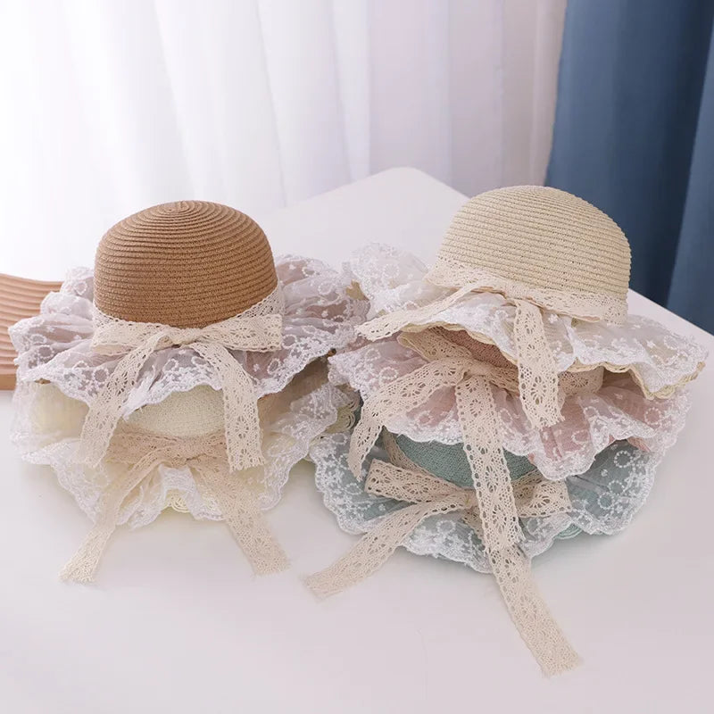 Summer Baby Girl Straw Hat Solid Color Lace Ruffle Kids Fisherman Cap Outdoor Beach Caps Sunshade Wide-brim Bucket Hats