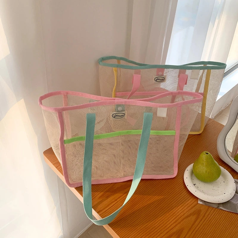 Ladies Summer Transparent Mesh Breathable Handbag Outdoor Beach Shower Handbag Large Capacity Beach Bags Portable Swimming Tote