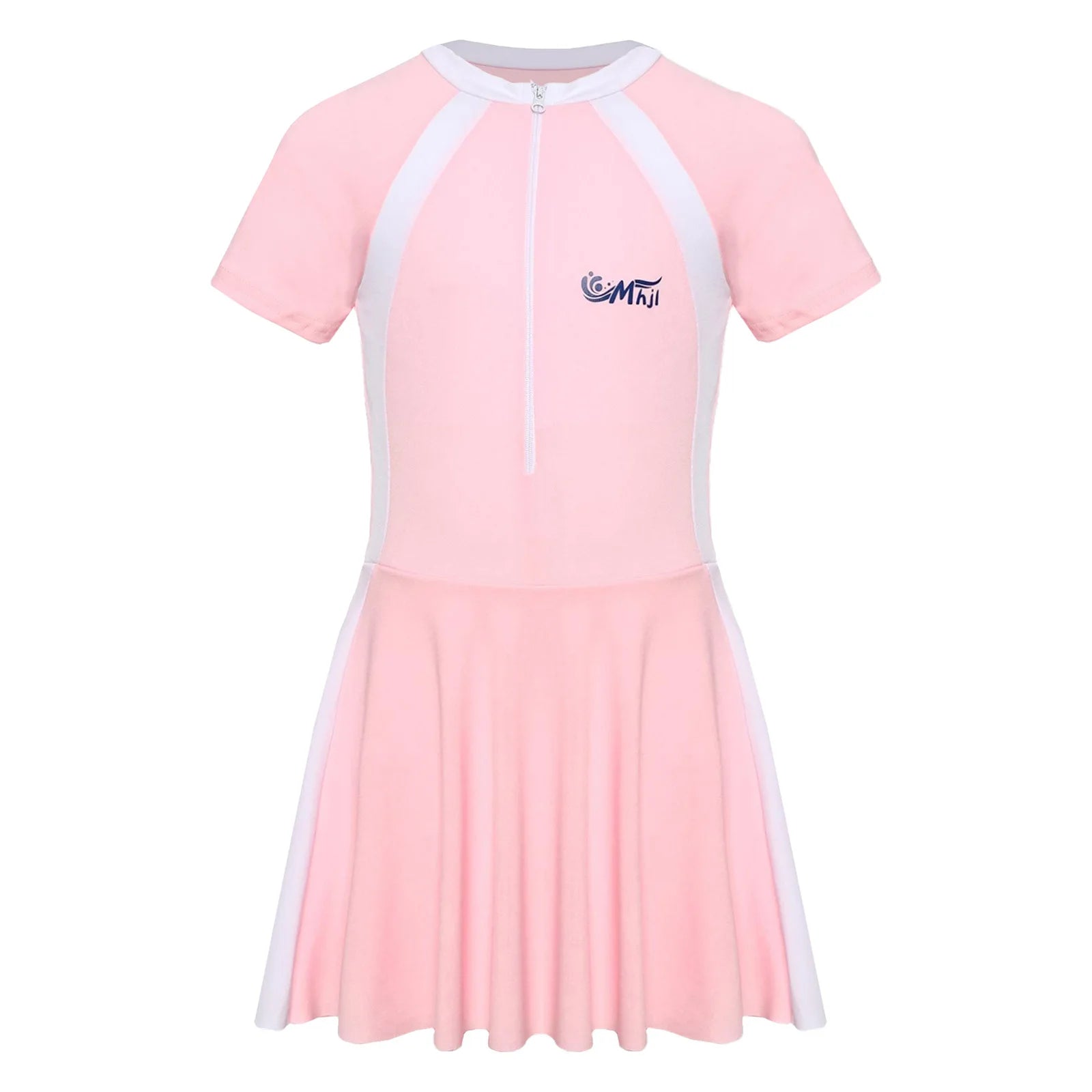 Fashion Girls One Piece Swim Dress Short Sleeve Color Block Swimsuit with Chest Pads Front Zipper And Safety Shorts Beachwear