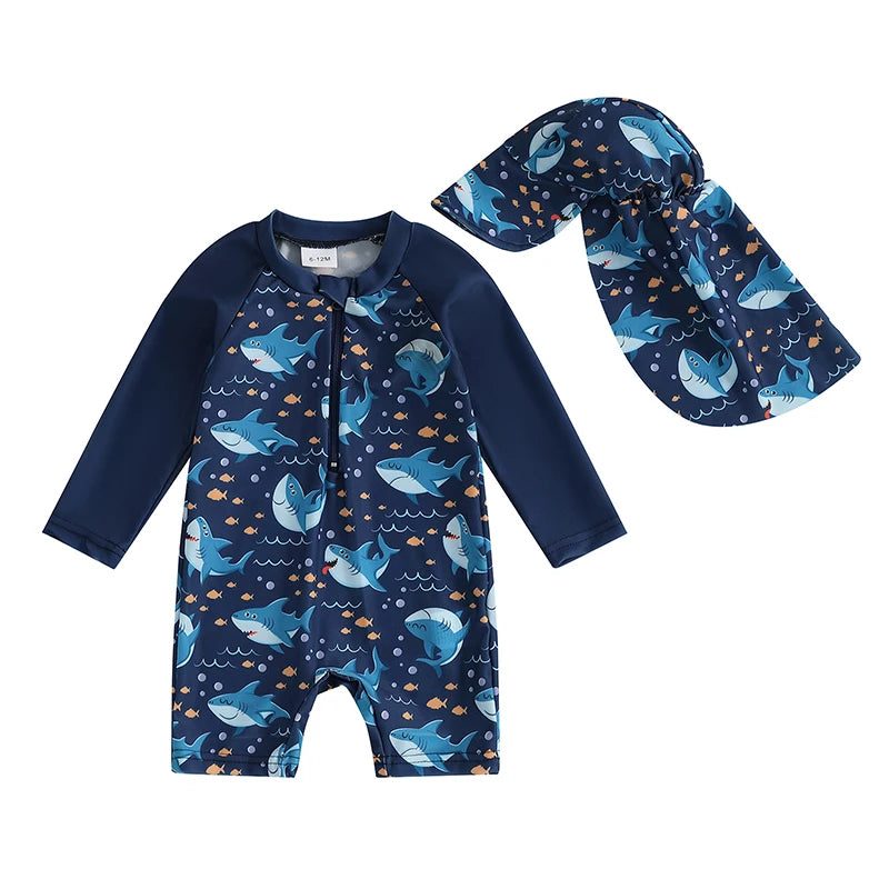 1-4T Toddler Boys Rash Guard Swimsuit Dinosaur/Shark Print Long Sleeve Zip Bathing Suit with Swim Cap