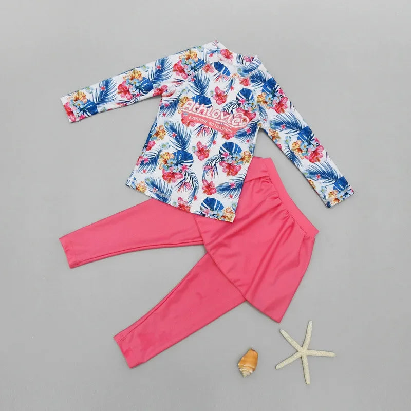 Printing Long Sleeved Girls Swimwear Sun Protection Swimming Suit  Long Pants Skirt Style Quick Drying Bathing Suit 3-11Y