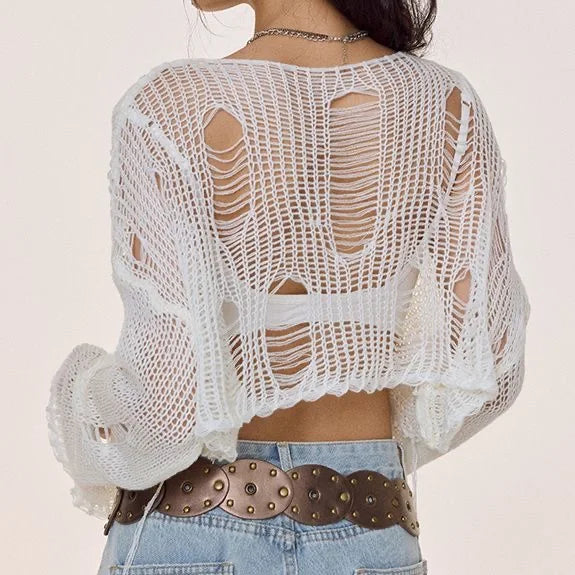 Y2k Cropped Hole Sweater Sexy Gyaru Hollow Out Knit Pullovers Goth Korean Long Sleeve Jumper Summer Fashion Sheer Knitwears Tops