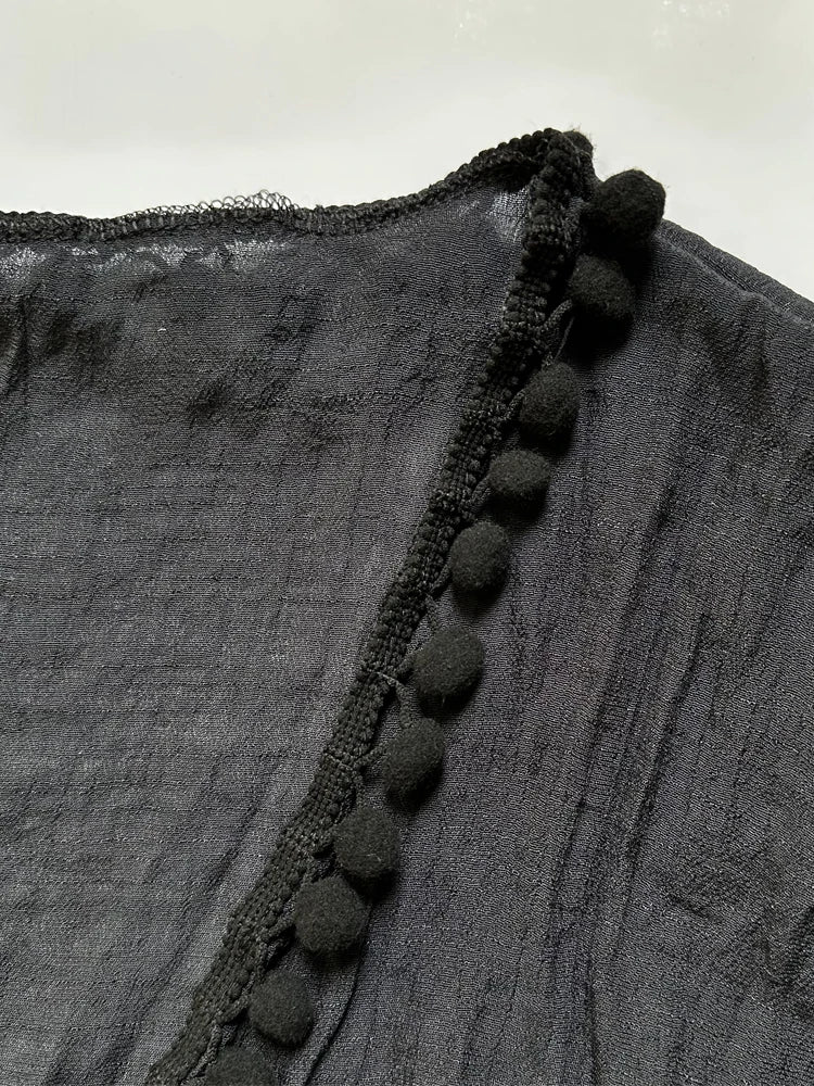 Beach Vacation Bikini Cover-Up Dress with Ball Decoration, Lightweight Sheer Fringed Tie Up Open Cardigan, Sexy Fitted Style
