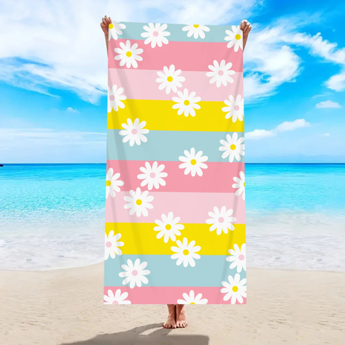 1pc Bohemian Large Beach Towel, Striped Flower Love Printed Bath Towel, Outdoor Swimming, Vacation, Camping Beach Towel