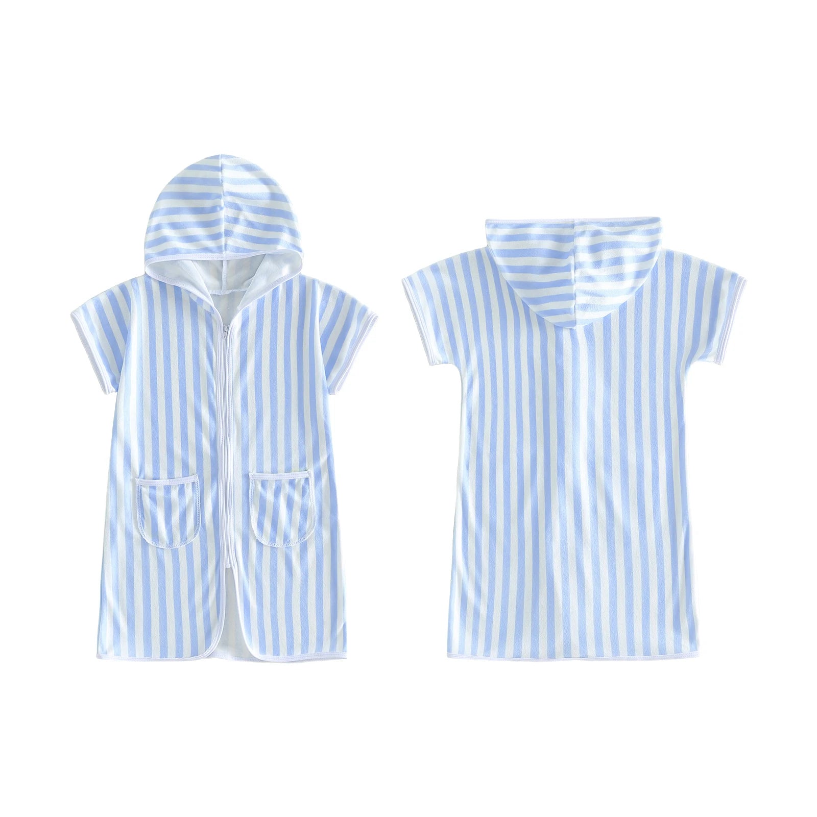 1-6Y Kids Swimwear Cover-ups Striped Zip Up Short Sleeve Hooded Robe Shawl for Beach Pool for Boys Girls Swimsuits