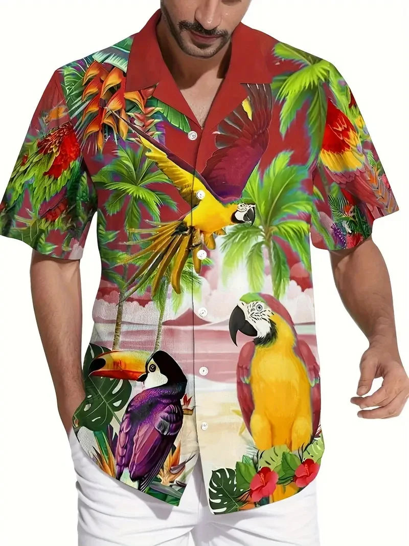 Men's Vibrant Parrot Tropical Floral Print Hawaii Shirts Casual Short Sleeve Button Up Beach Shirt for Men Summer Vacations
