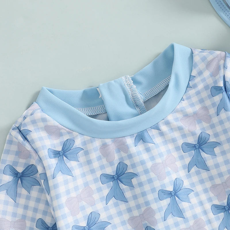 1-4T Children Baby Girl Rash Guard Swimsuit Long Sleeve Bow Plaid Print Bathing Suit Infant Swimwear with Sun Hat