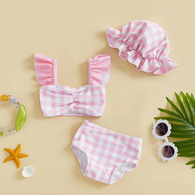 0-3T Toddler Girl Bikini Set Swimsuit Plaid Print Flutter Sleeves Tank Tops with Shorts and Hat Bathing Suit 3 Pcs Beachwear