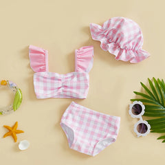 0-3T Toddler Girl Bikini Set Swimsuit Plaid Print Flutter Sleeves Tank Tops with Shorts and Hat Bathing Suit 3 Pcs Beachwear