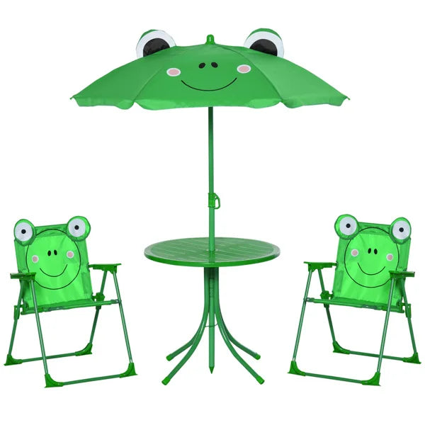 Cute Monkey Kids Patio Table Chair Set with Removable Cartoon Sun Umbrella, Foldable Portable Outdoor Toddler Furniture, 2 Folding Chairs Round Metal Table, Space Saving Kids Play Dining Set for Backyard Garden Lawn Picnic Be