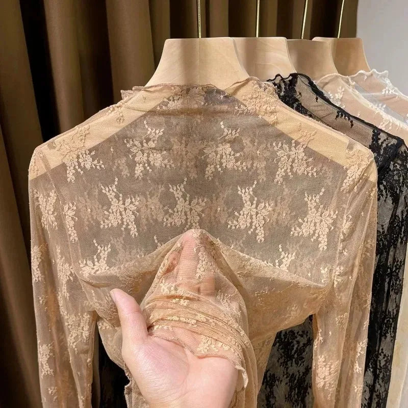 New Women Floral Lace Shirt Spring Autumn Long Sleeve Sexy Mesh Bottoming Shirts Mock Neck Blouse T-Shirt Pullover Top