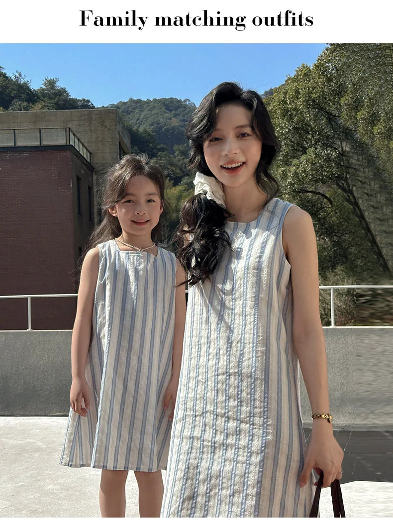 Korea Style Family Matching Outfit Striped Print Short Sleeve T-shirt+Shorts Tank Dress Parent-child Clothing Beach Holiday Look