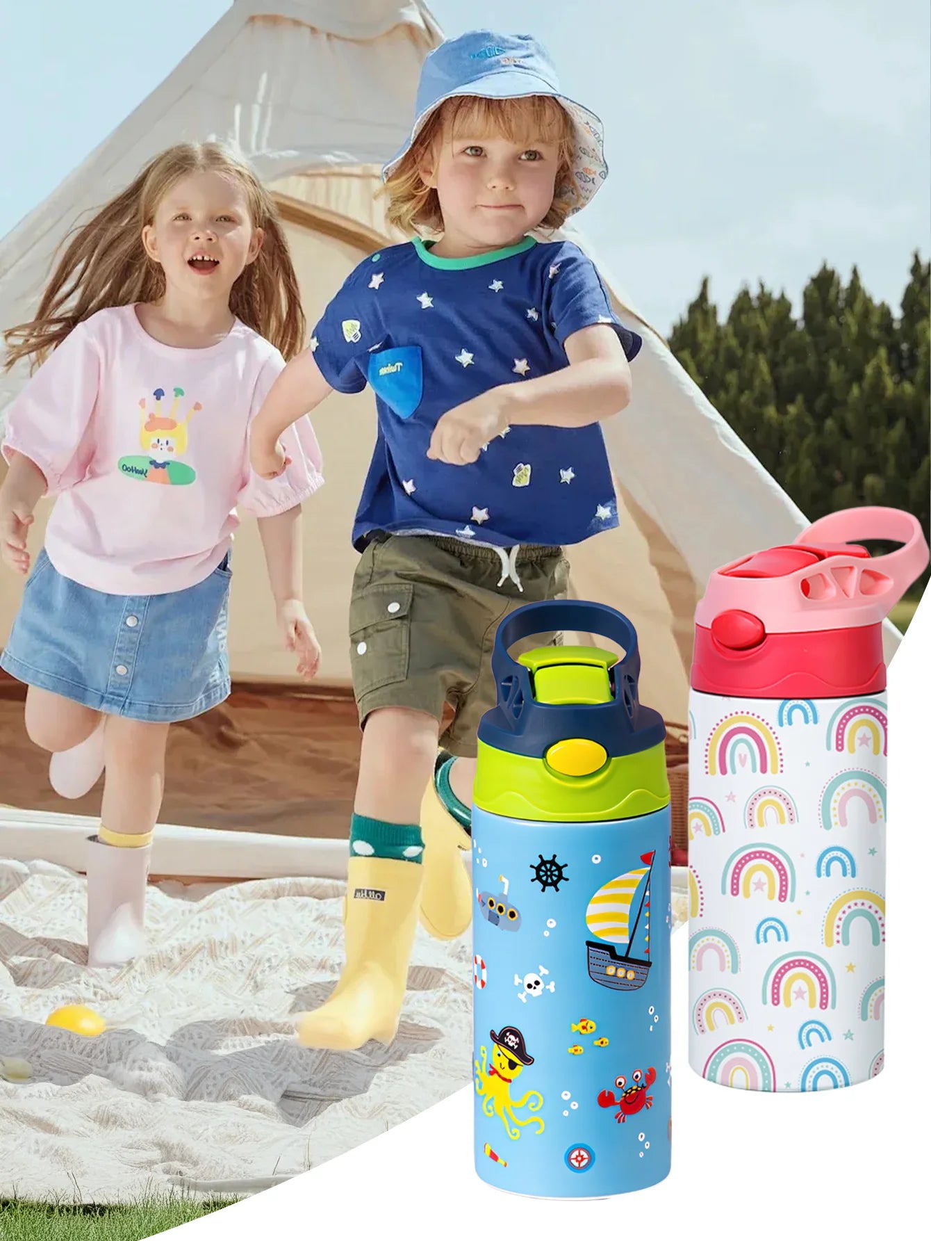 350ml Cartoon Pattern Vacuum Cup Kids Insulated Water Bottle Cute Animal Straw Thermos Mug Handheld Kettle for Outdoor School
