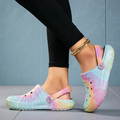 Garden Clogs Comfortable Women's Tie-dye Pattern Clogs, Slip On Lightweight Two-way Wear Clogs, Non-slip Summer Beach Slides 666
