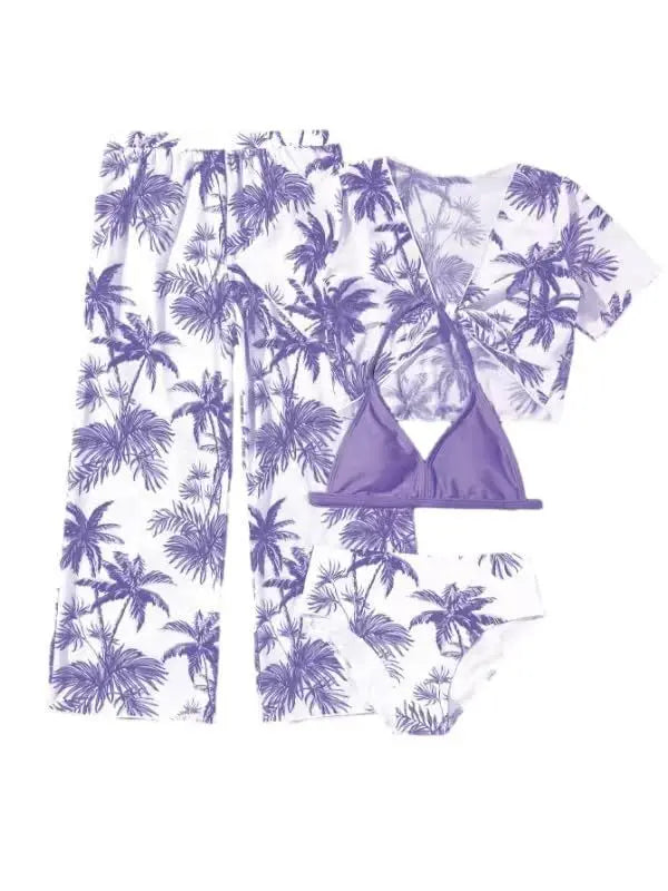 Girls 4pack Palm Tree Print Bikini Sets with Pants+Short Sleeve Crop Top Kids Swimsuit 7-12 Years Children Swimwear Bathing Suit