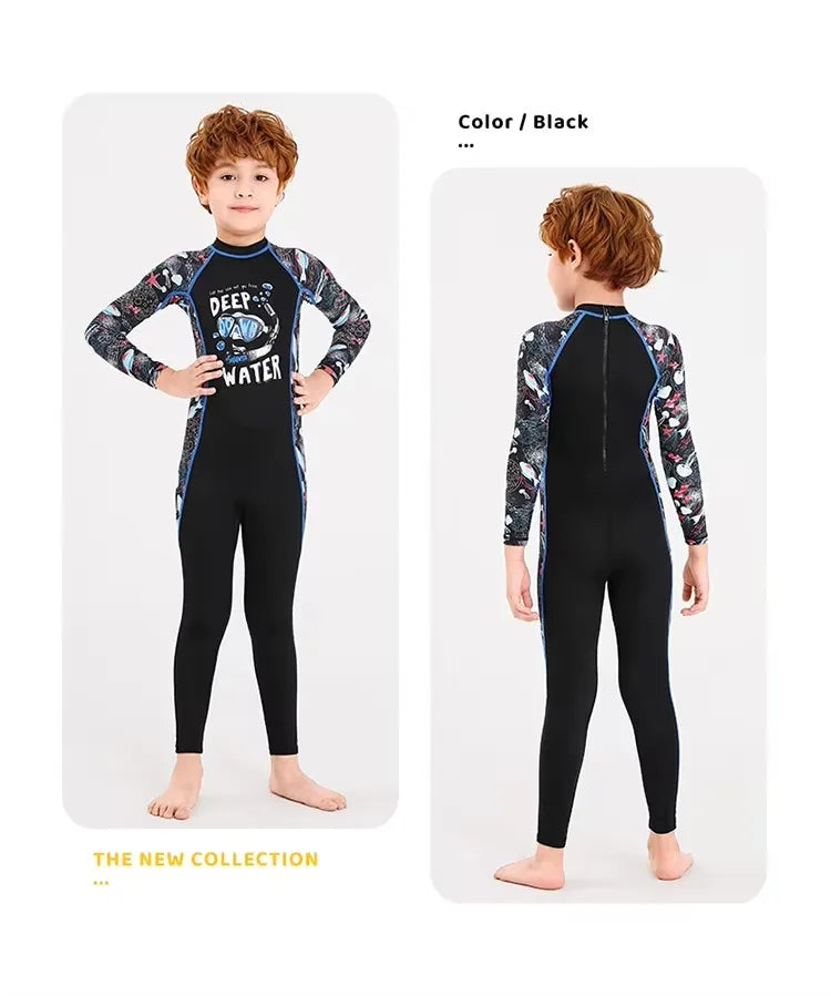 Girl Boy Swimwear Zipper One Piece Suit Kids Sunscreen Quick Drying Long Swimsuit Beachwear Bathing Suit(Including Swimming Cap)
