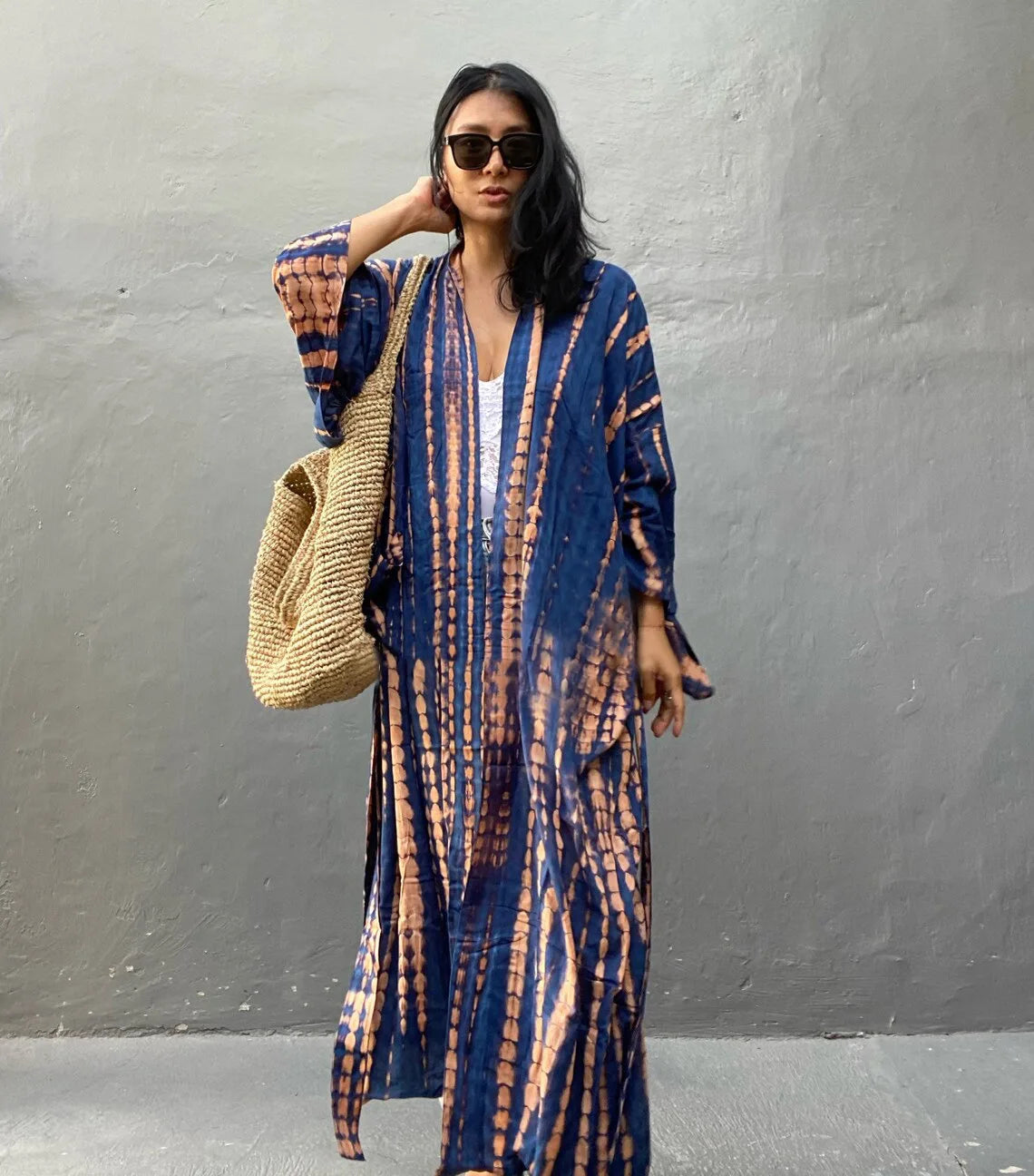 Women's Boho Stripe Tie Dye Swimsuit Cover Up with Belt Tunic Sarong Cardigan Dress Bikini Cover-ups Beach Wear Kimono