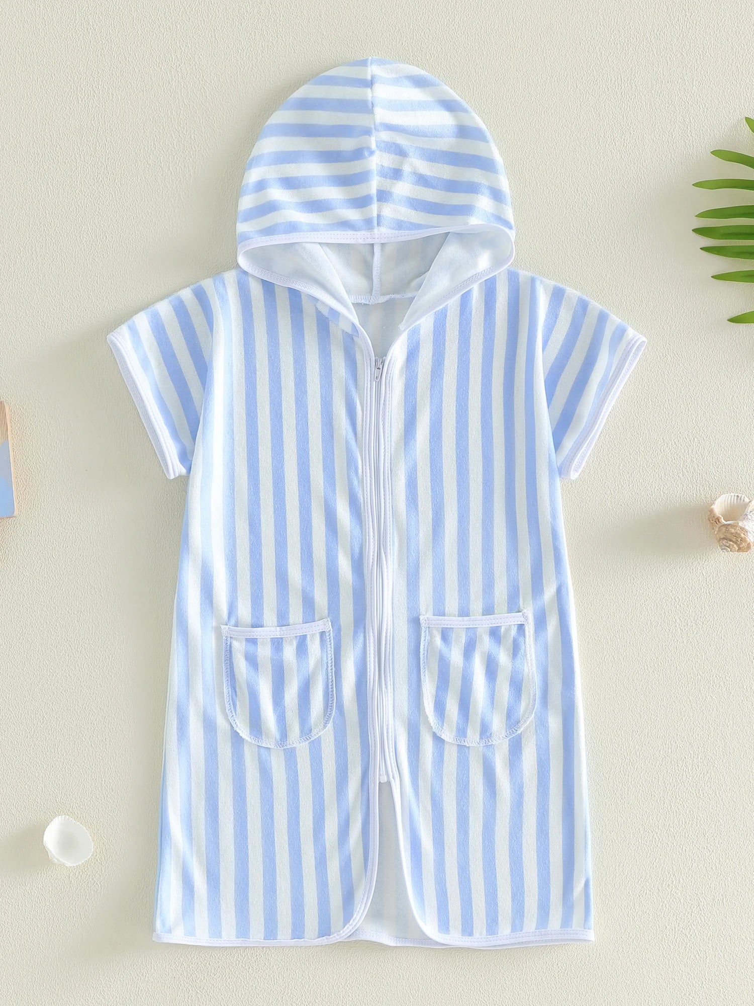 1-6Y Kids Swimwear Cover-ups Striped Zip Up Short Sleeve Hooded Robe Shawl for Beach Pool for Boys Girls Swimsuits