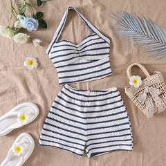 Girls 8-12 Casual 2-Piece Set, Navy Blue White Striped Halter Crop Top & Matching Elastic Waist Shorts, Beachy for Daily Summer