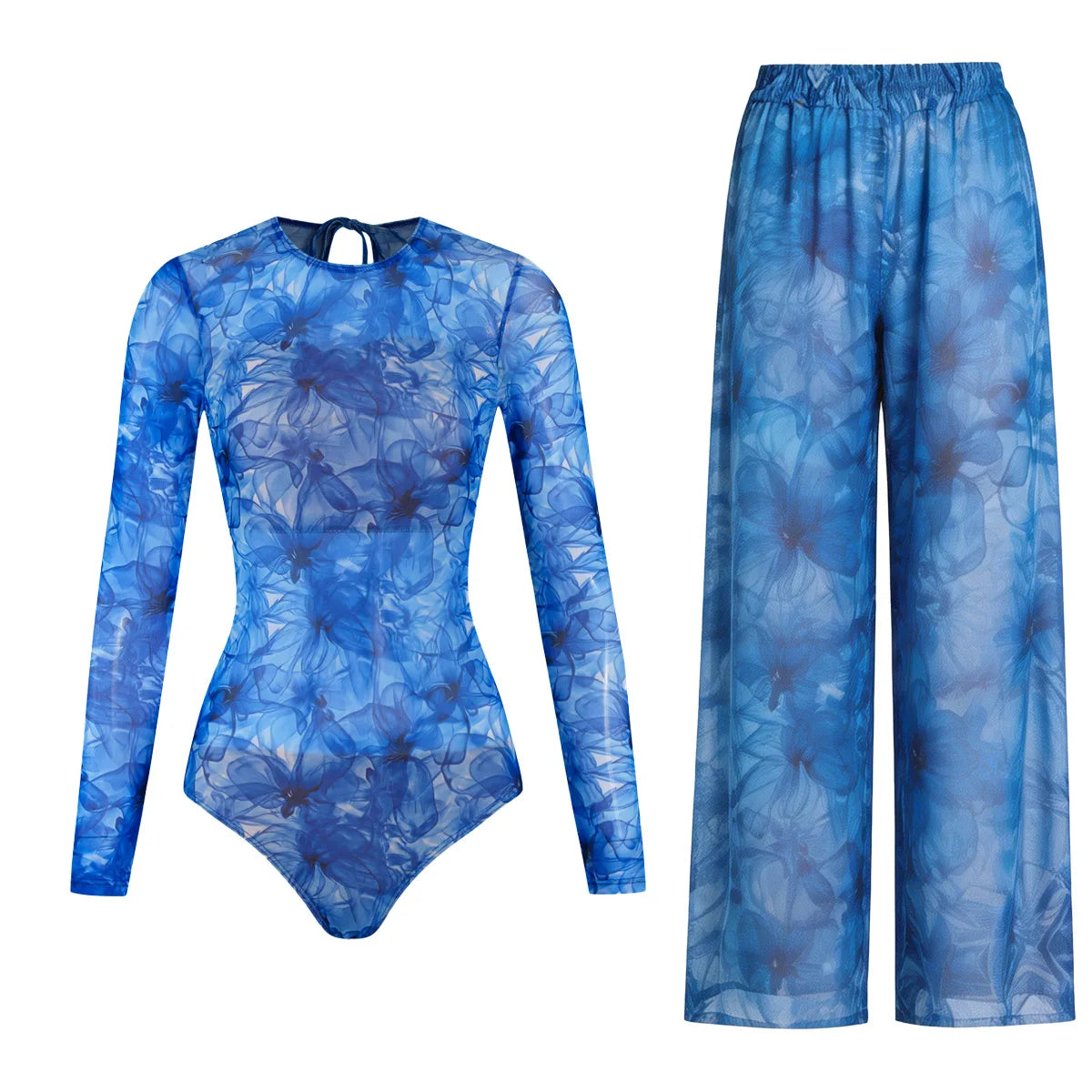 Women's Long Sleeve Swimwear Sunscreen One Piece Swimsuit High Elastic Thickened Mesh Loose Pants SPF35+ New Fitness Beachwear