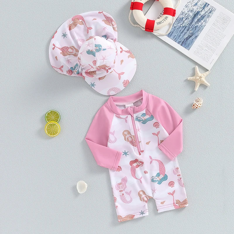 VISgogo Baby Girls Bathing Suit Sea Shell Print Long Sleeve Rash Guard Swimsuit Wide Brim Sun Hat Infant Toddler Beachwear