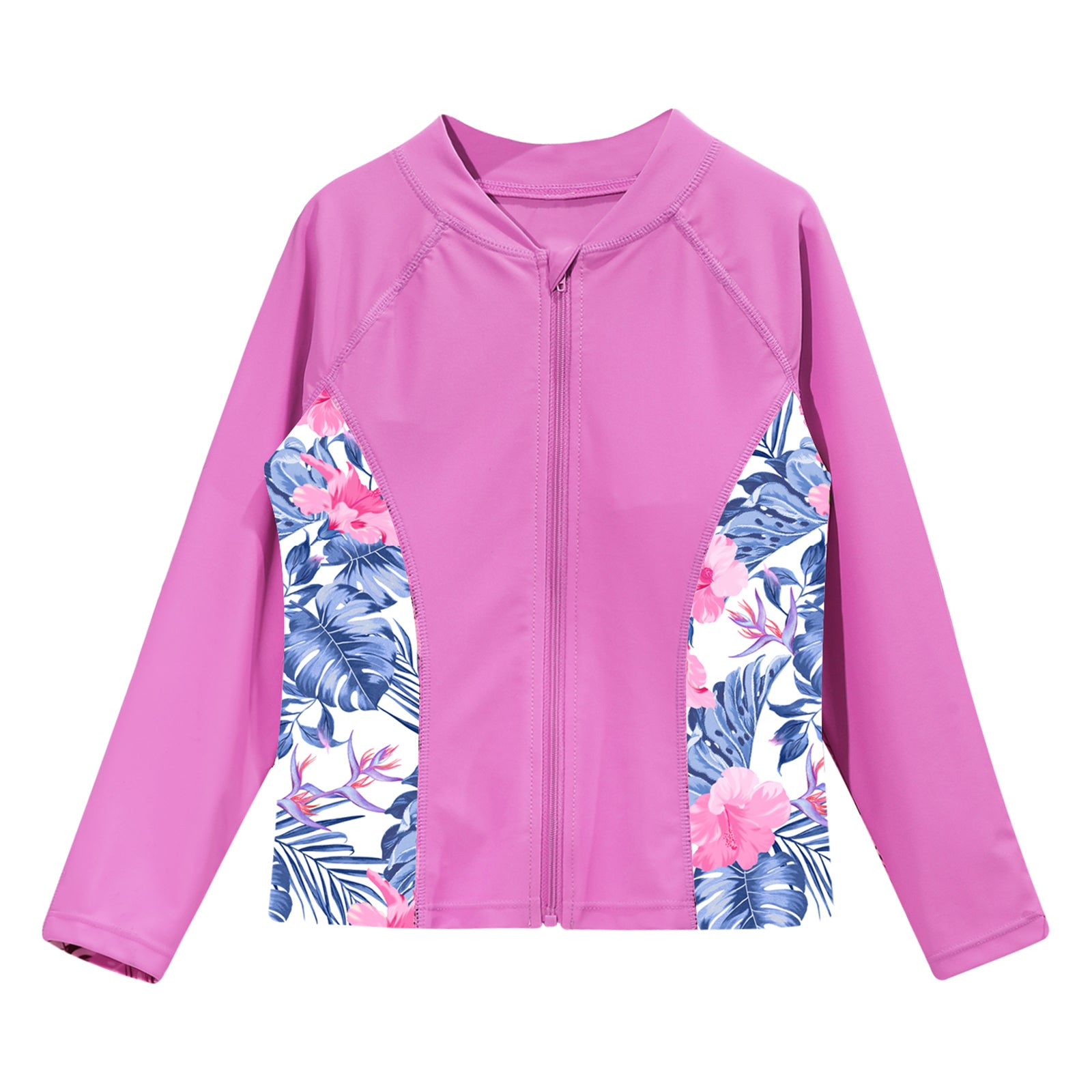 Kids Girls Print Rash Guard T-Shirt Swim Top Long Sleeve Zipper Tops UPF 50+ Sun Protection Pool Swimming Bathing Beach Swimwear