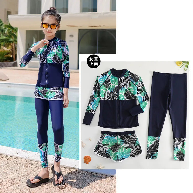 Girls Swimsuit Girls Long Sleeve Rash Guard 3-Pieces Bathing Suit 100cm-160cm Height Athletic Sweatsuit Activewear Tracksuit