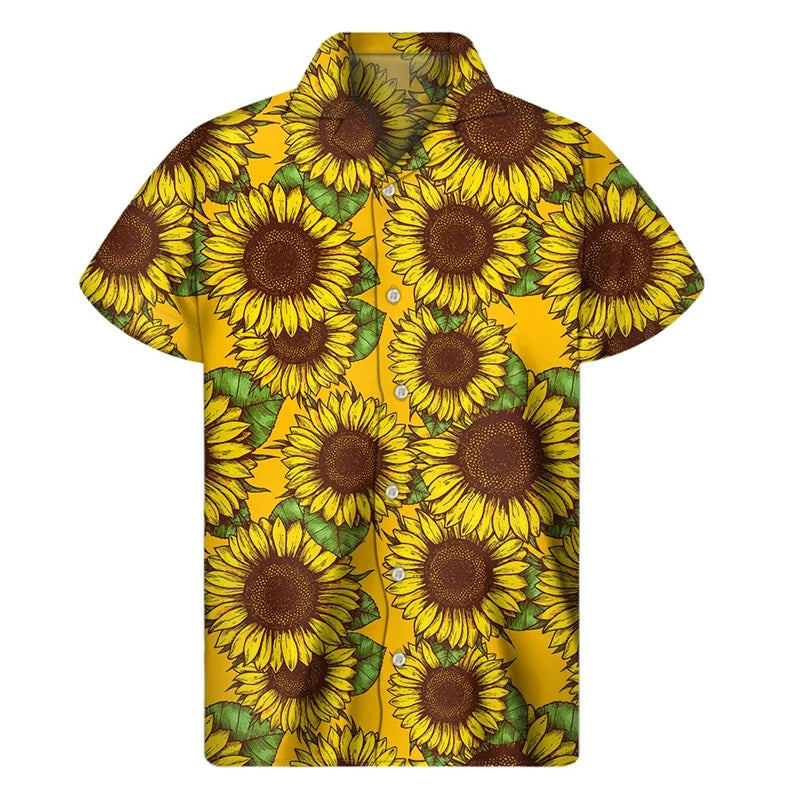 3d Plants Sunflower Print Shirt For Men Fashion Classic Short Sleeve Summer Vacation Shirts Breathable Tops Hawaiian Shirts