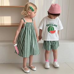 Children Clothes 2025 Summer New Cotton Stripe Baby Girl Suspender Dress Or Boy's Suit Brother And Sister Clothes