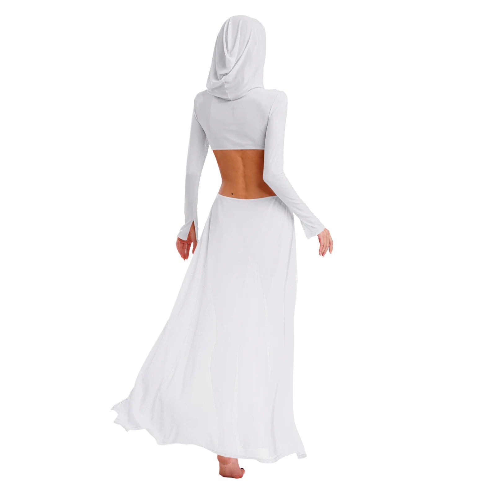 Women Sheer Dress with Hooded Face Mask Maxi High Slit Sexy Mesh Dress Long Sleeves Hollow Out Sheer Dress Cover Up Swimwear