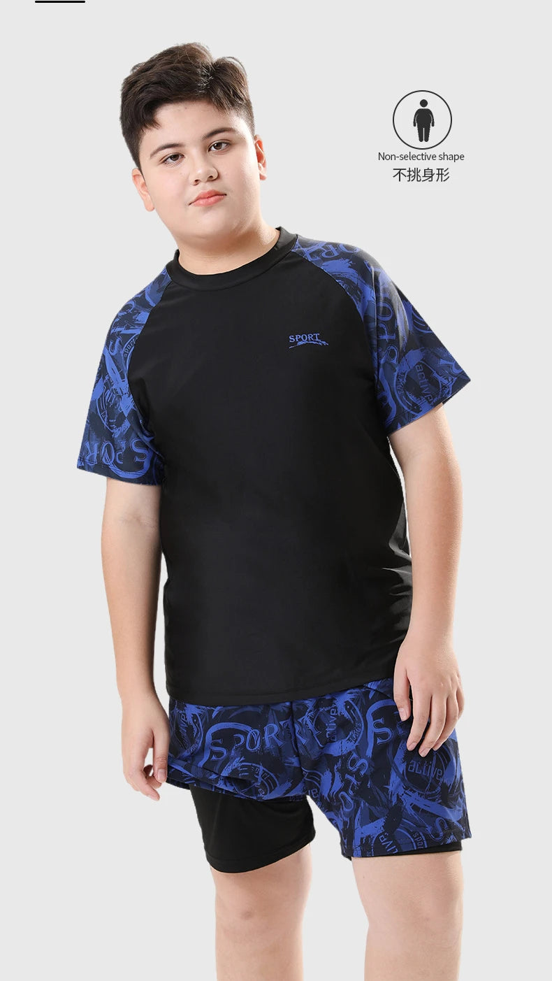 Children's Swimwear with Cap, Split Body, Short Sleeve, Two Piece Swimsuit for Men, Teenagers, Boys, New, Hot Spring Set, 2024