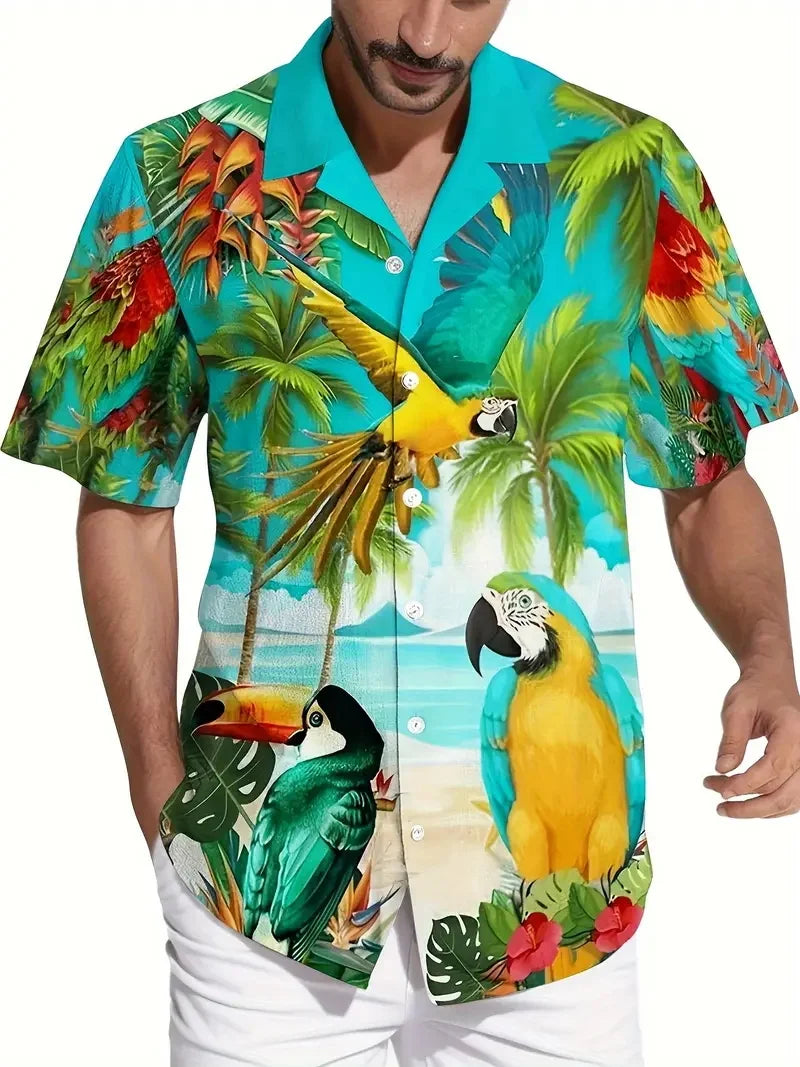 Men's Vibrant Parrot Tropical Floral Print Hawaii Shirts Casual Short Sleeve Button Up Beach Shirt for Men Summer Vacations