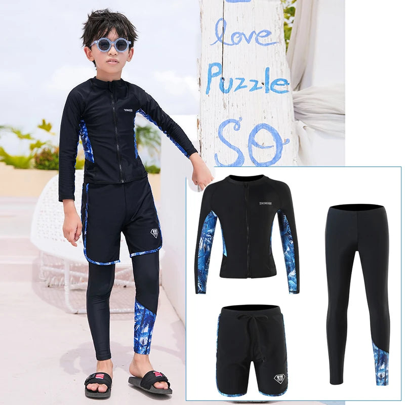 Girls Youth Long Sleeve Swimsuit Four Piece Rash Guard Bathing Suit Zip Tops Long Pants Swimwear Kids Bathing Suit Athletic