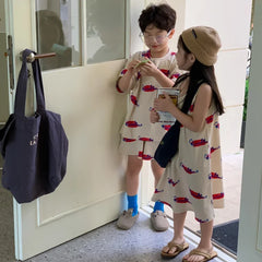 9000 Brother and Sister Clothes Summer New Korean Alphabet Graffiti Girl's Long T-shirt Dress Or Boy's Two Piece Suit