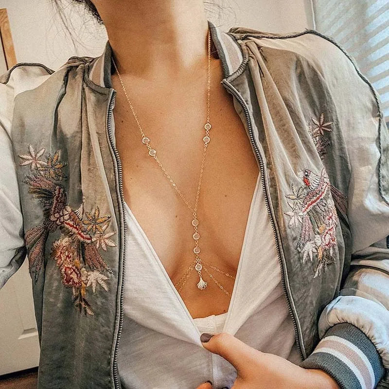 Sexy Metal Zircon Chest Chain for Women Simple Gold Color Double Layered Shell Pendant Waist Chain Party Jewelry Accessories